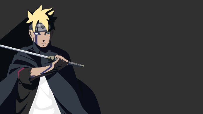 Boruto Uzumaki holding a sword, dark background, anime style
