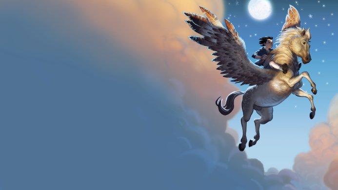 A boy riding a winged horse flying through the night sky with a moon and stars