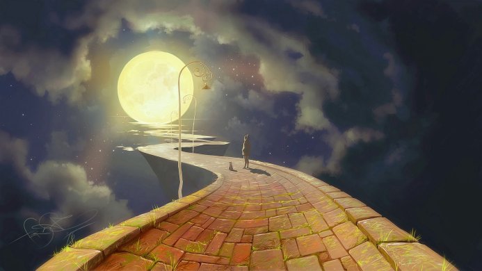 A person and cat on a brick path leading towards a large moon with a street light nearby