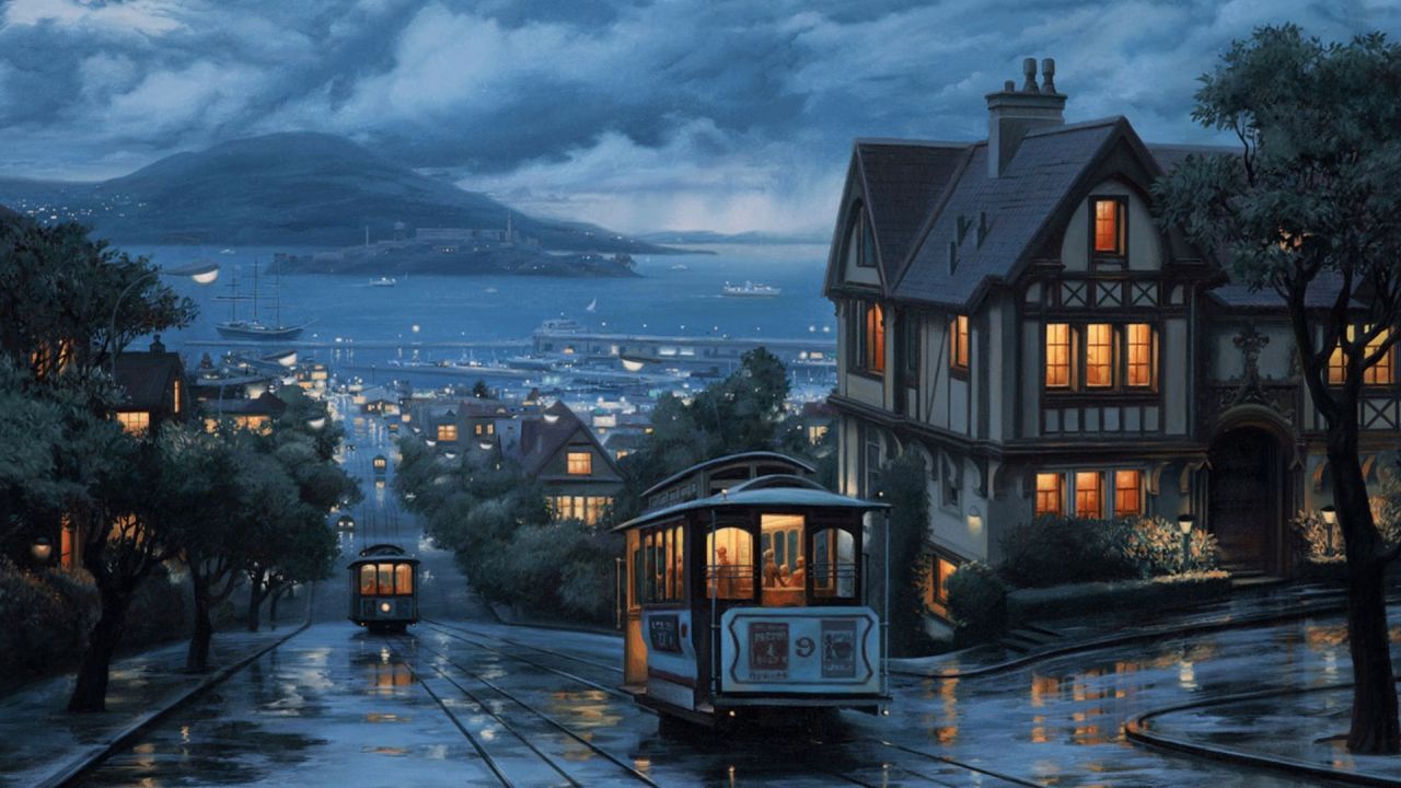 San Francisco cable car on wet street at night painting