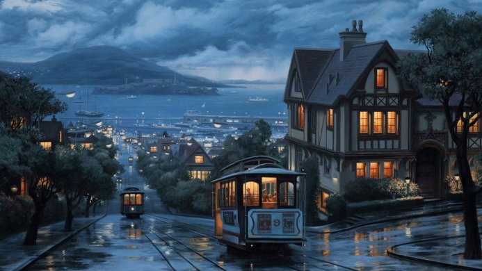 A cable car driving down a wet street at night in a city