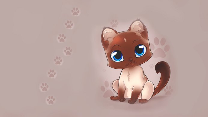 Cute cartoon cat with blue eyes on a beige background with paw prints