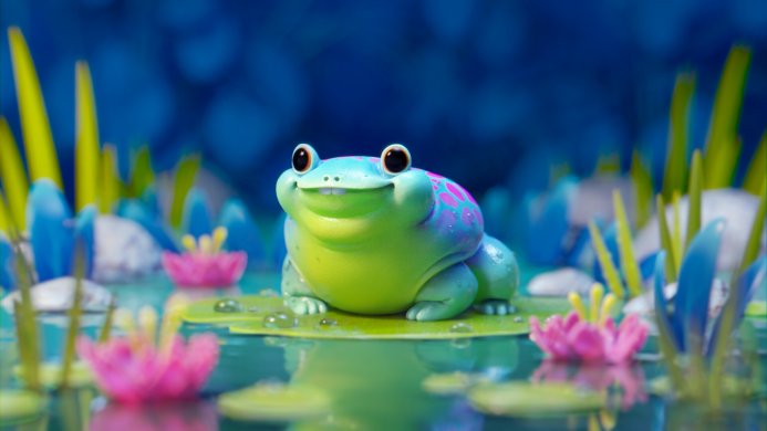 A cartoon frog sits on a lily pad in a pond with pink flowers and blue foliage