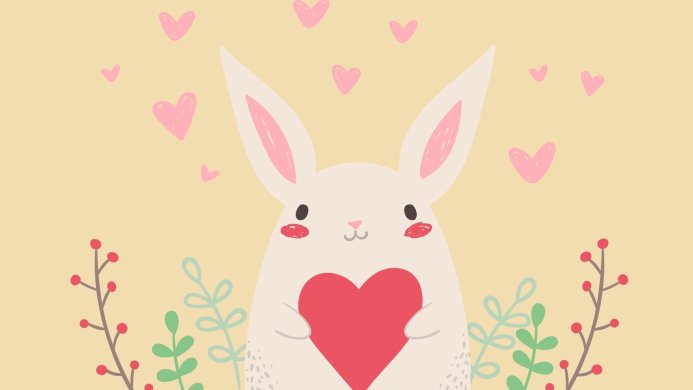 Cartoon rabbit holding a red heart with pink hearts and plants against a beige background