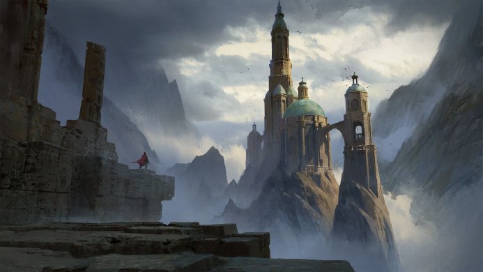 A lone man in red cape standing on a cliff overlooking a majestic castle in a mountainous landscape