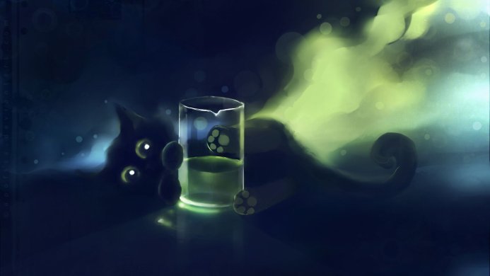Illustration of a dark cat looking at a glass of glowing green liquid