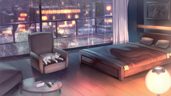 A cat sleeping in an armchair with a cityscape view through a large window