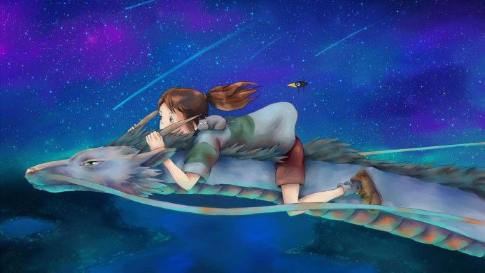 Chihiro riding Haku in dragon form with Boh as a mouse, against a starry night sky from Spirited Away