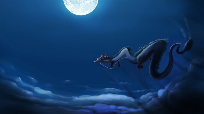 Chihiro riding Haku in dragon form, from Spirited Away, under a full moon