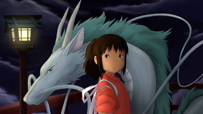 Chihiro and Haku from Spirited Away, standing on a bridge with a lantern