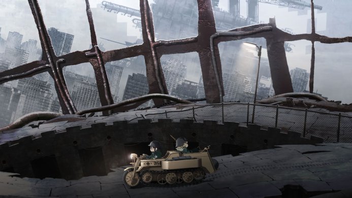 Chito and Yuuri from Girls' Last Tour driving through a ruined city