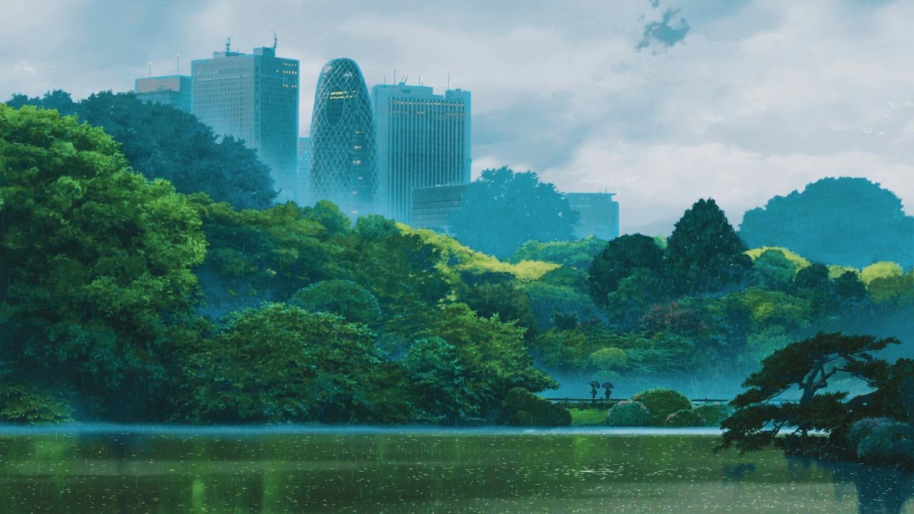 Rainy park with pond trees city buildings rain falling