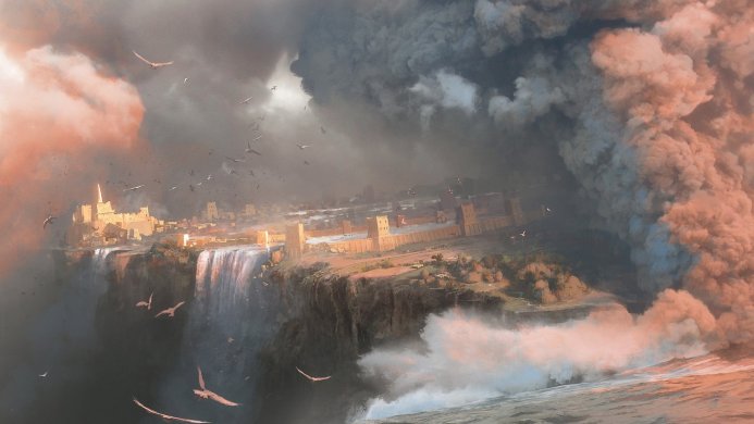 A cityscape on a cliffside with waterfalls and birds flying around, in a painting style