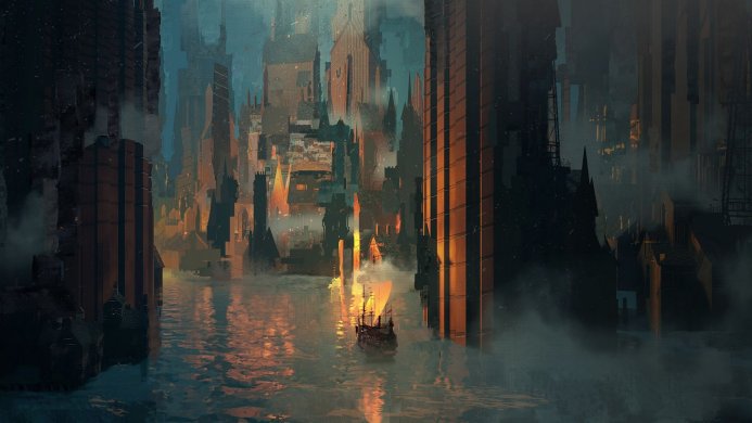 A cityscape reflecting in the water with a sailboat in the middle