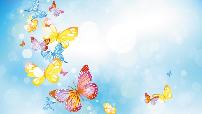 Colorful butterflies flying on a light blue background with bokeh effects