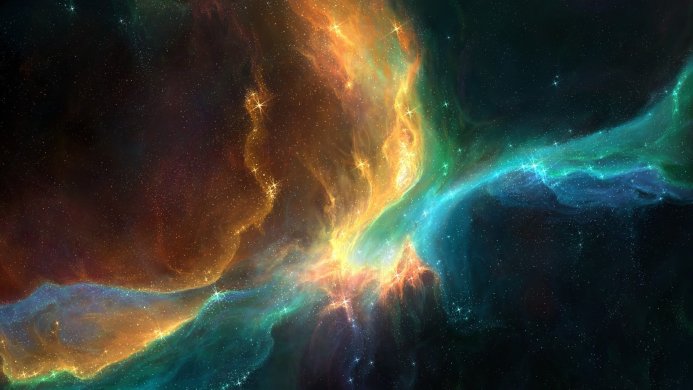 A vibrant nebula with orange, blue, and green hues, speckled with stars