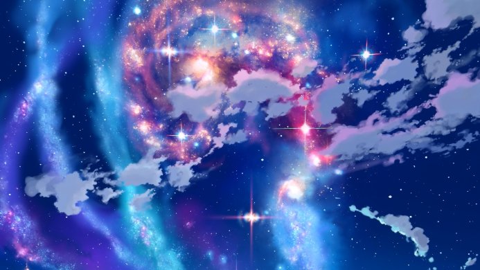 A vibrant nebula with stars and clouds in shades of blue, purple, and pink