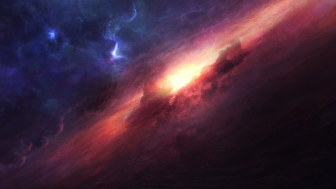 A colorful nebula with bright light shining through stars and cosmic dust