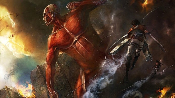 Colossal Titan and Eren Yeager fight in Attack on Titan