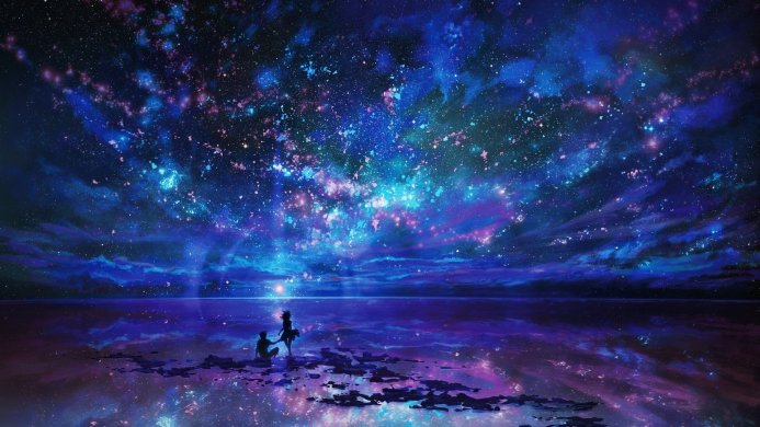 Couple silhouette under a vibrant galaxy reflected in water