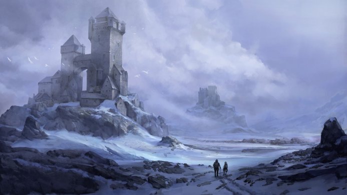 A couple walking towards a castle in a snowy landscape