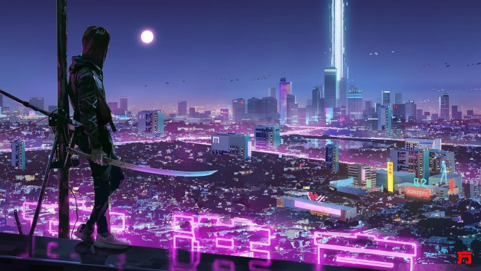A hooded figure with a katana overlooking a futuristic cityscape at night