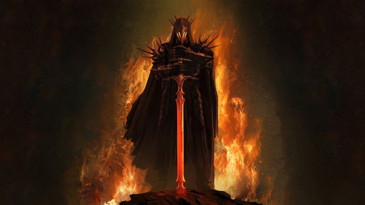 Sauron the Dark Lord with sword and fire background