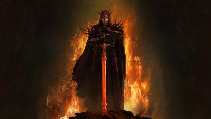Dark lord in armor with a glowing red sword standing amidst flames