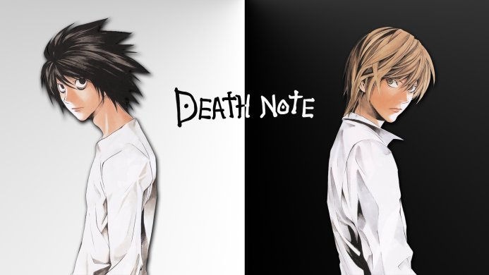 L and Light from Death Note separated by the title logo on a black and white background