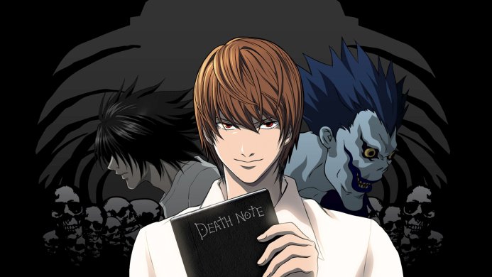 Light Yagami holding the Death Note, with Ryuk and L in the background