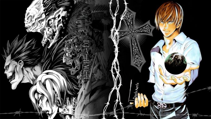 Light Yagami and Ryuk from Death Note holding a world, surrounded by dark imagery