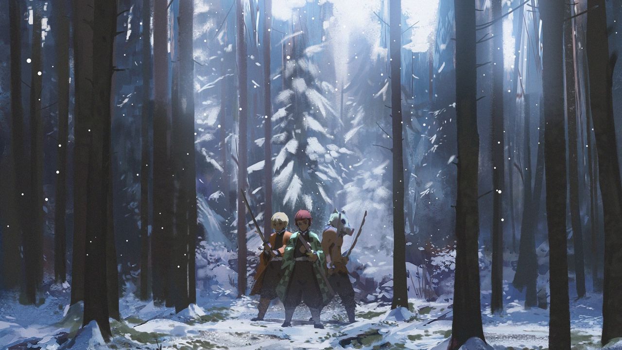 Tanjiro Zenitsu Inosuke in snowy forest Demon Slayer