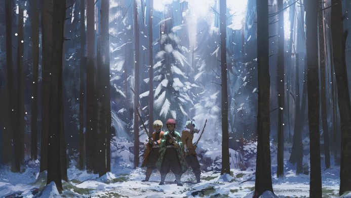 Tanjiro, Zenitsu and Inosuke from Demon Slayer stand in a snowy forest