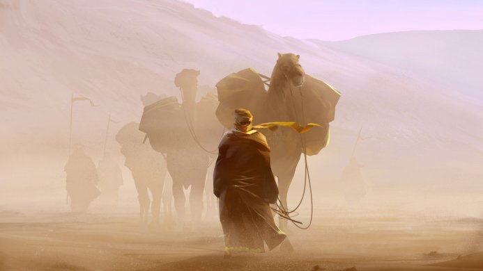 A caravan of people and camels travels through a sandy desert landscape