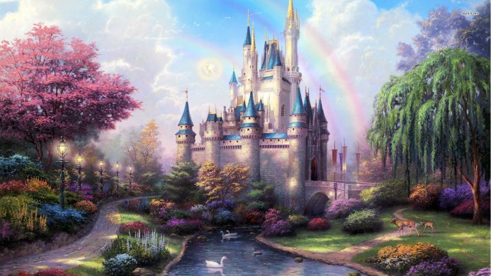 Disney castle with swans and deer in a colorful landscape with a rainbow
