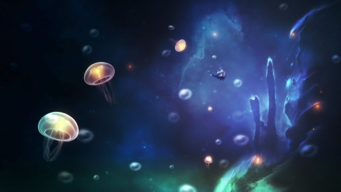 A diver swims among jellyfish and bubbles in a deep blue sea with what looks like space in the background