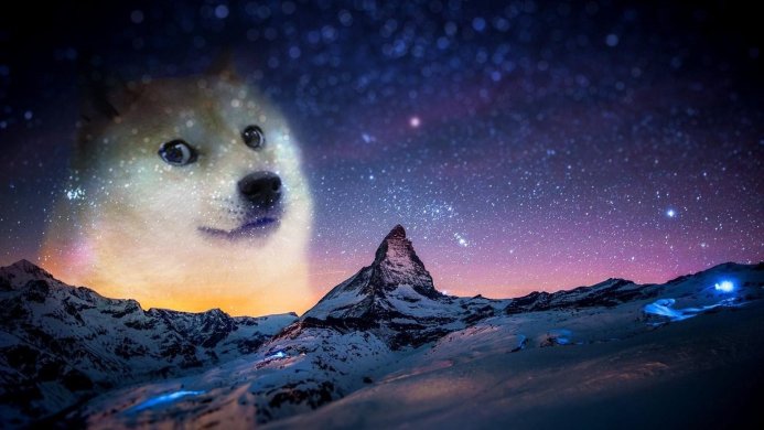 Doge face in space over snowy mountain