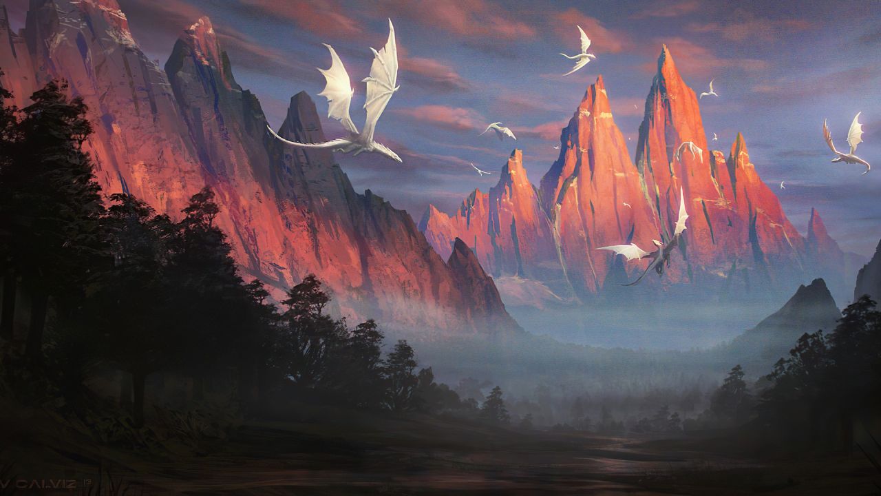 White dragons flying over mountains and forest landscape