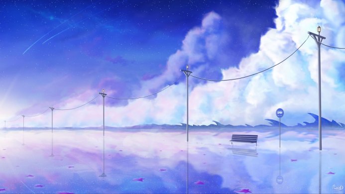 Dreamy landscape with telephone poles and a bench reflecting in water under a starry sky