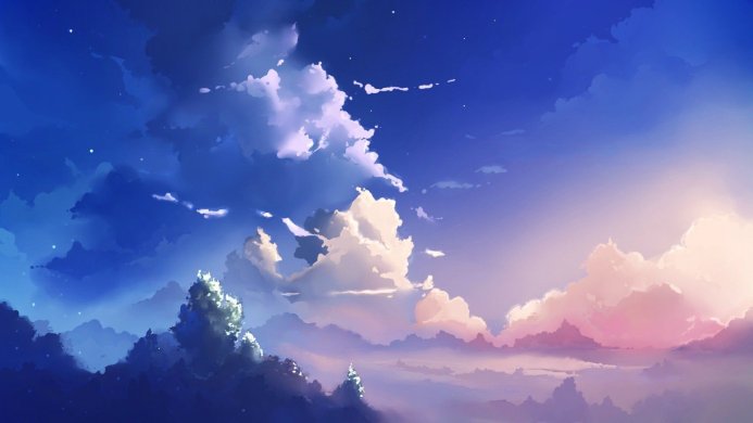 Dreamy sky with white, pink, and blue clouds, lit by the sun