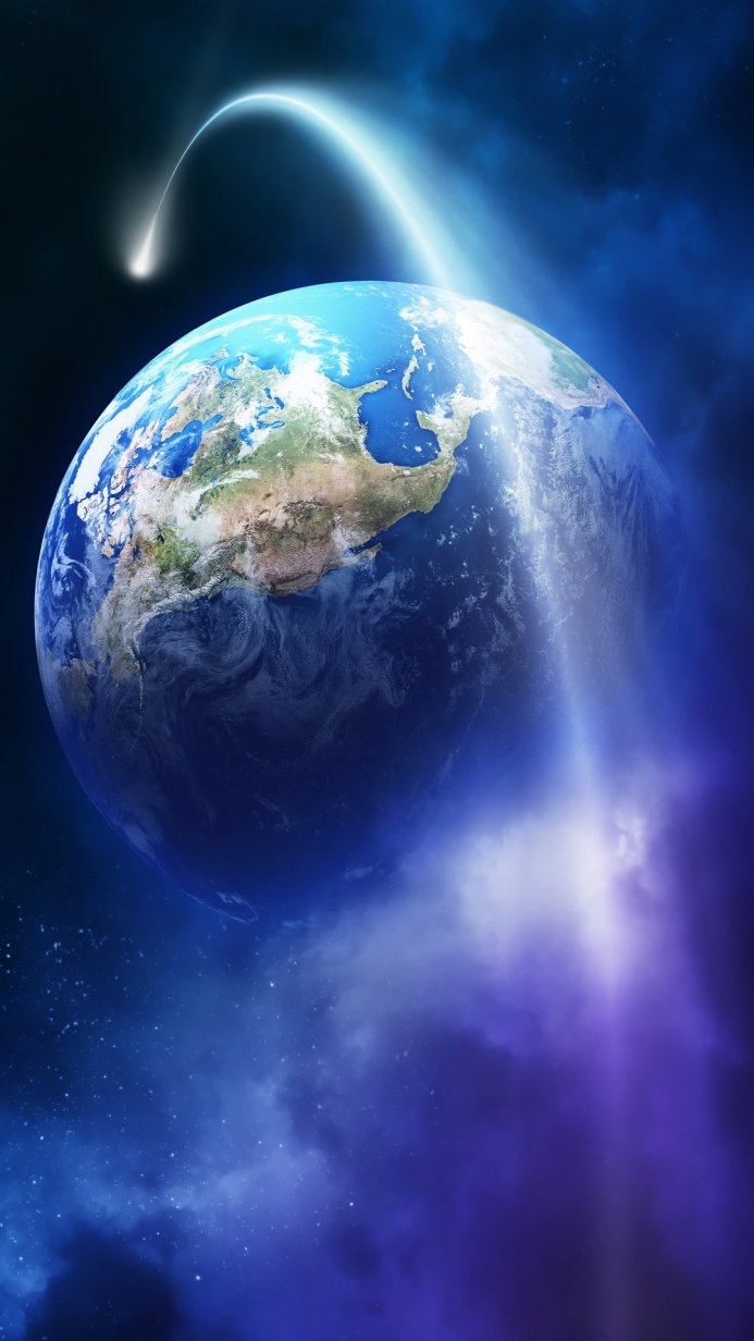 Earth and comet in space, with blue and purple nebula
