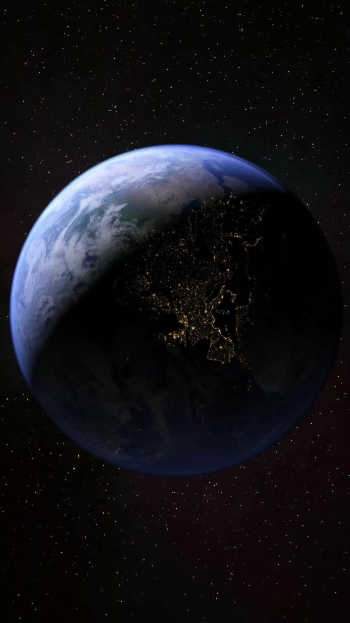 Earth at night, city lights glowing, surrounded by stars