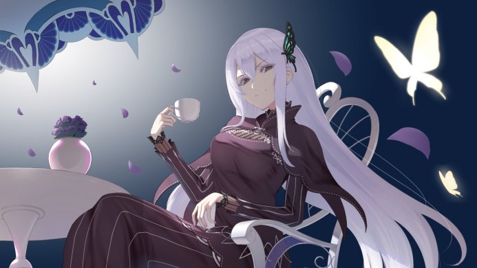 Echidna from Re:Zero holding a cup of tea, sitting in a chair