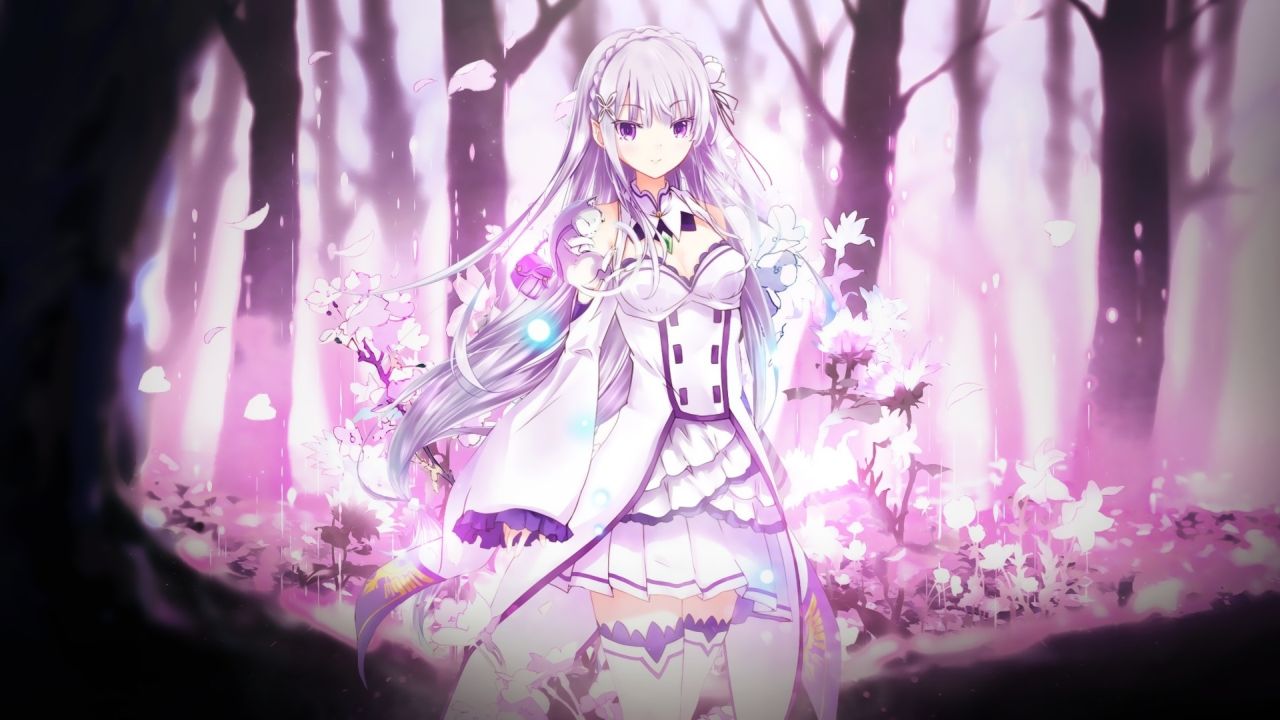 Emilia from Re Zero white dress pink forest