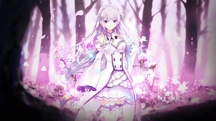 Emilia from Re:Zero in a white dress surrounded by purple flowers
