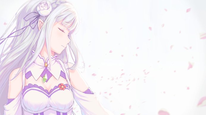 Emilia from Re:Zero with long white hair and a white and purple dress, eyes closed