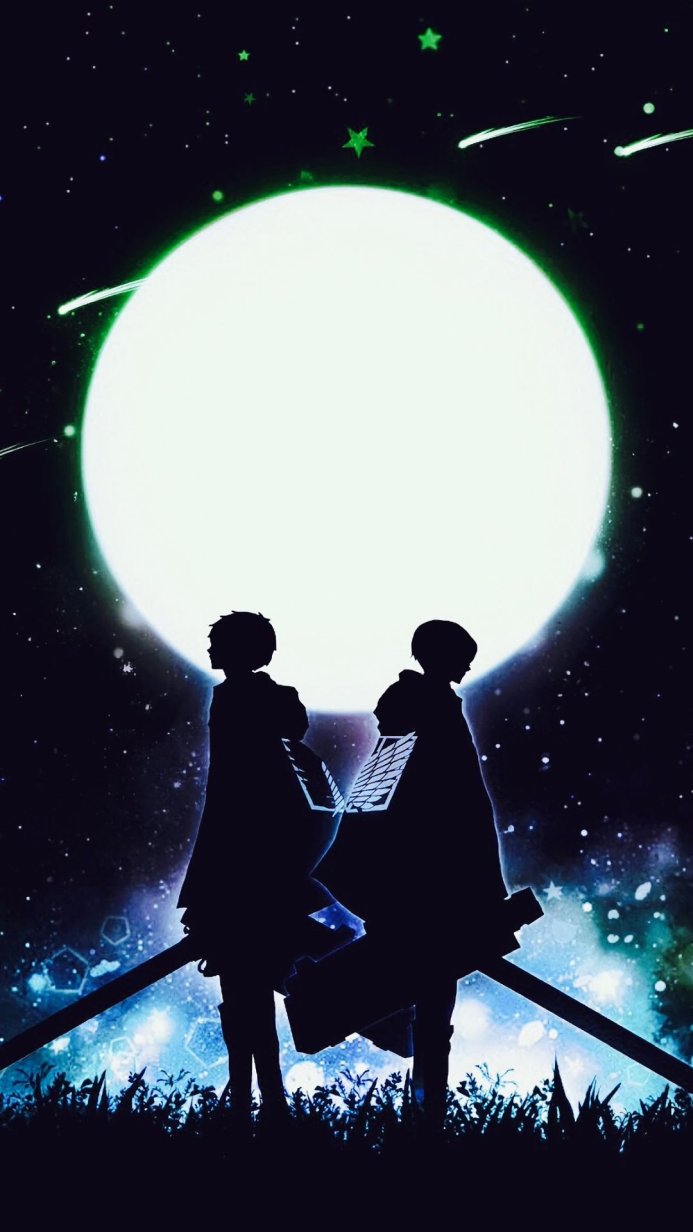 Eren and Mikasa from Attack on Titan stand silhouetted against the moon and starry sky