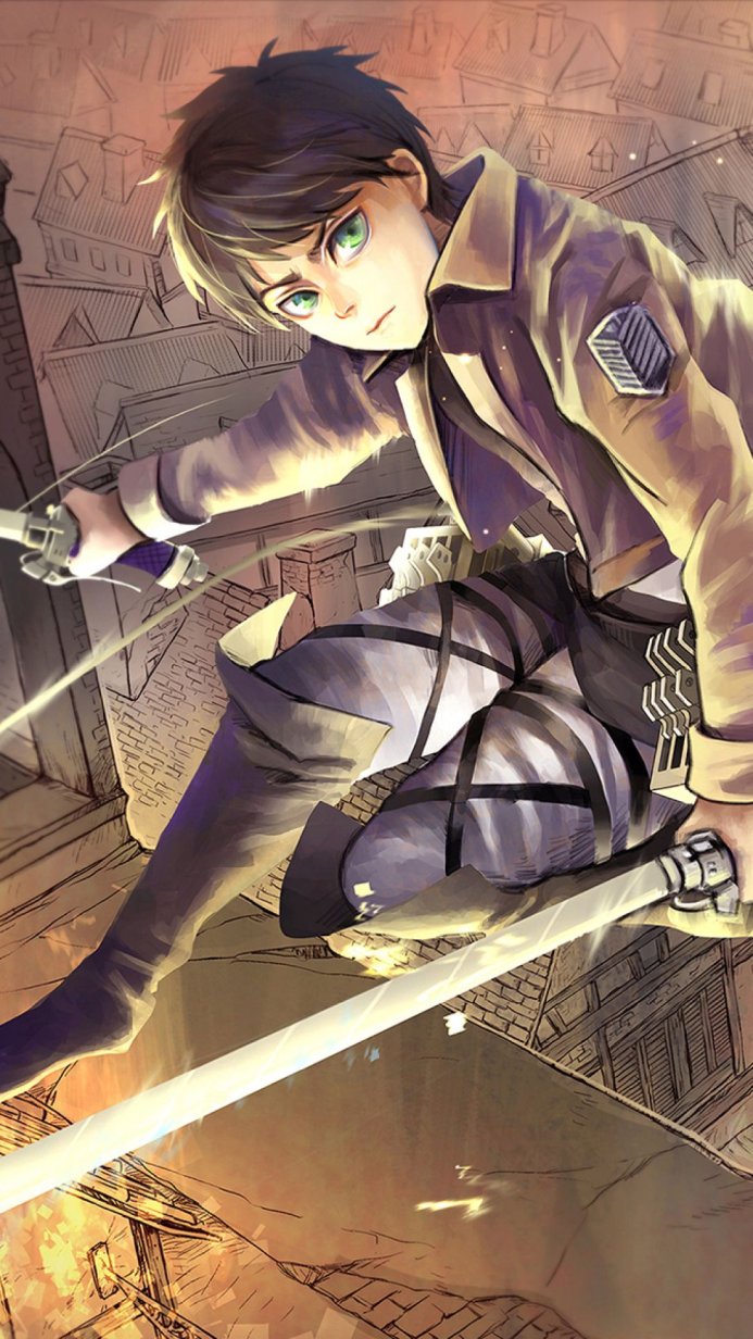 Eren Yeager from Attack on Titan with swords, determined expression