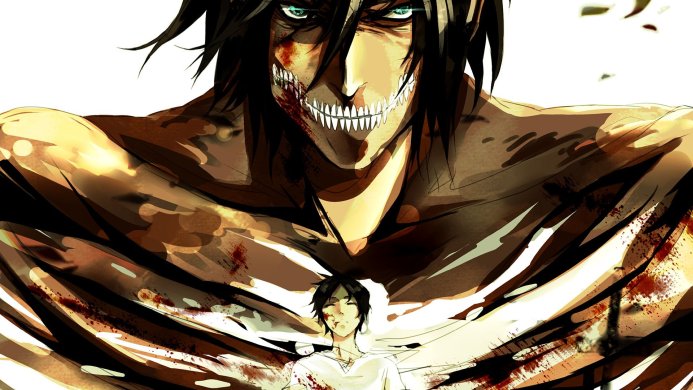 Eren Yeager transforms into a Titan in Attack on Titan, showing his terrifying teeth and bloody body