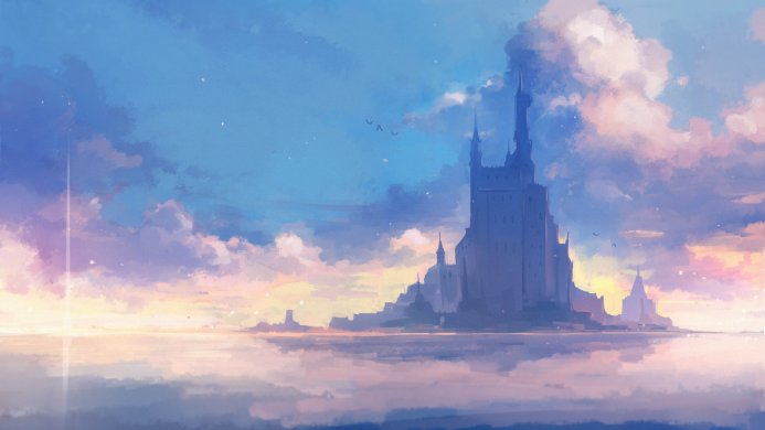Fantasy castle reflecting in water under a cloudy sky